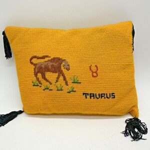 Zodiac Taurus Needlepoint Pillow Astrology Sign Bull Vintage 1970s ***READ